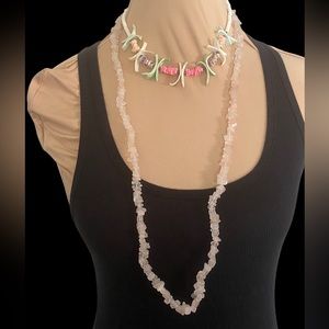 Multi Colored puka shell with Rose Quartz chip long strand necklace.